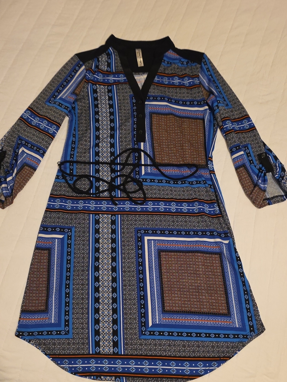 Blue Patterned V-Neck Women’s Dress
